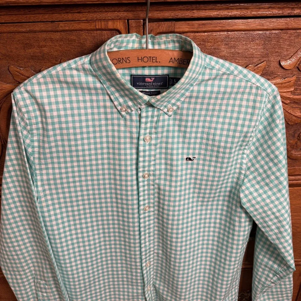 Vineyard Vines‎ Whale Shirt Long Sleeve Button Blue Gingham Boy's Size L or 16